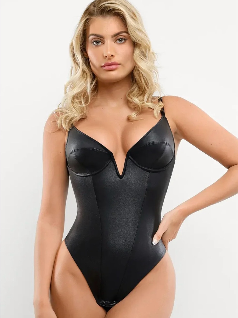 Popilush Faux Leather Plunging V Sculpting Corset Bodysuit - Black NWT